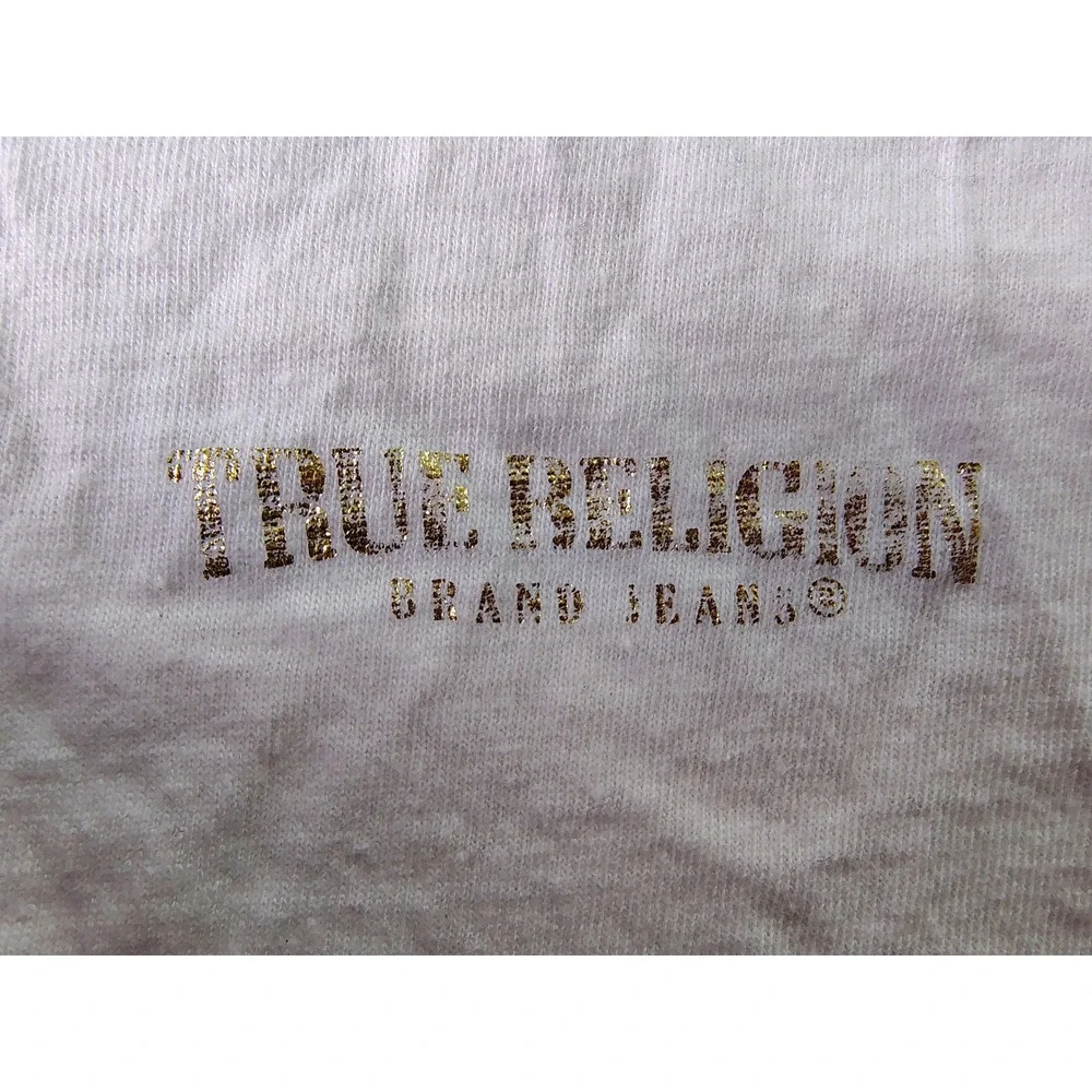 True Religion Brand Jeans Mens‎ White T Shirt Gold Foil Spellout Logo Medium M
